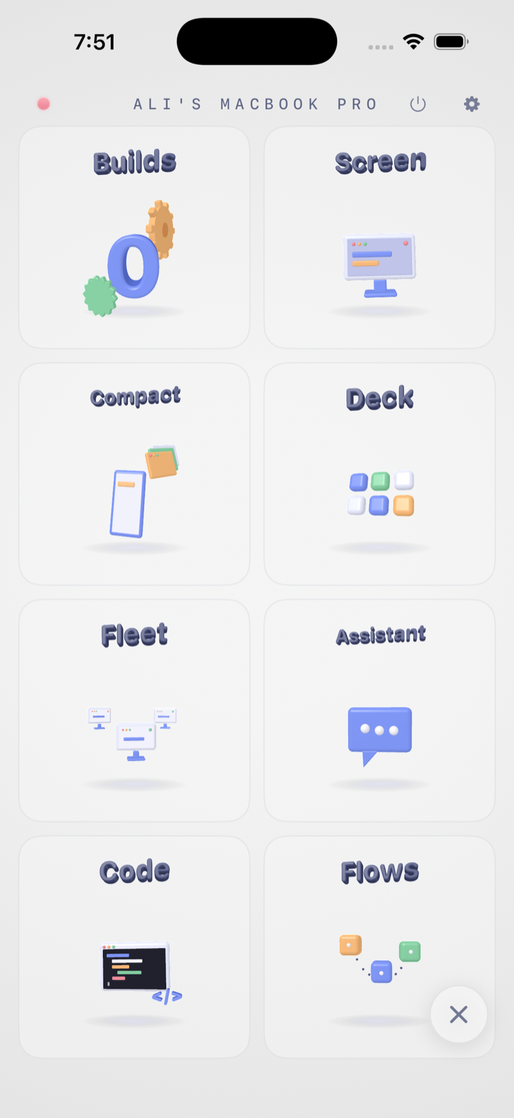The companion feature grid: Builds, Screen, Compact, Deck, Fleet, Assistant, Code and Flows